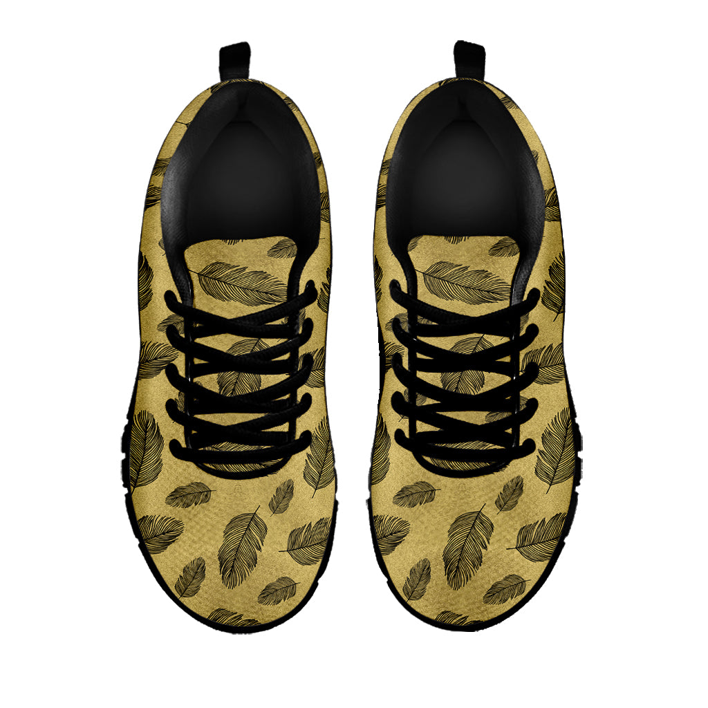 Black And Gold Feather Pattern Print Black Sneakers