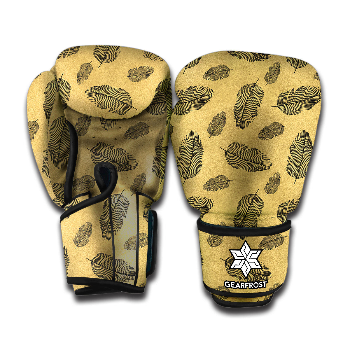 Black And Gold Feather Pattern Print Boxing Gloves