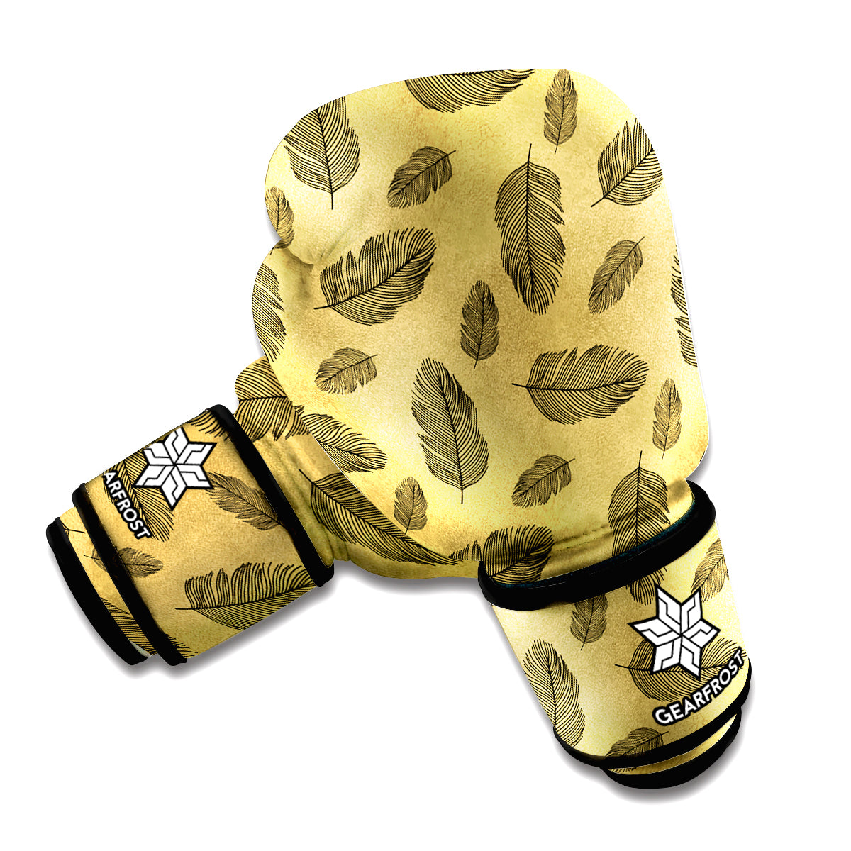 Black And Gold Feather Pattern Print Boxing Gloves