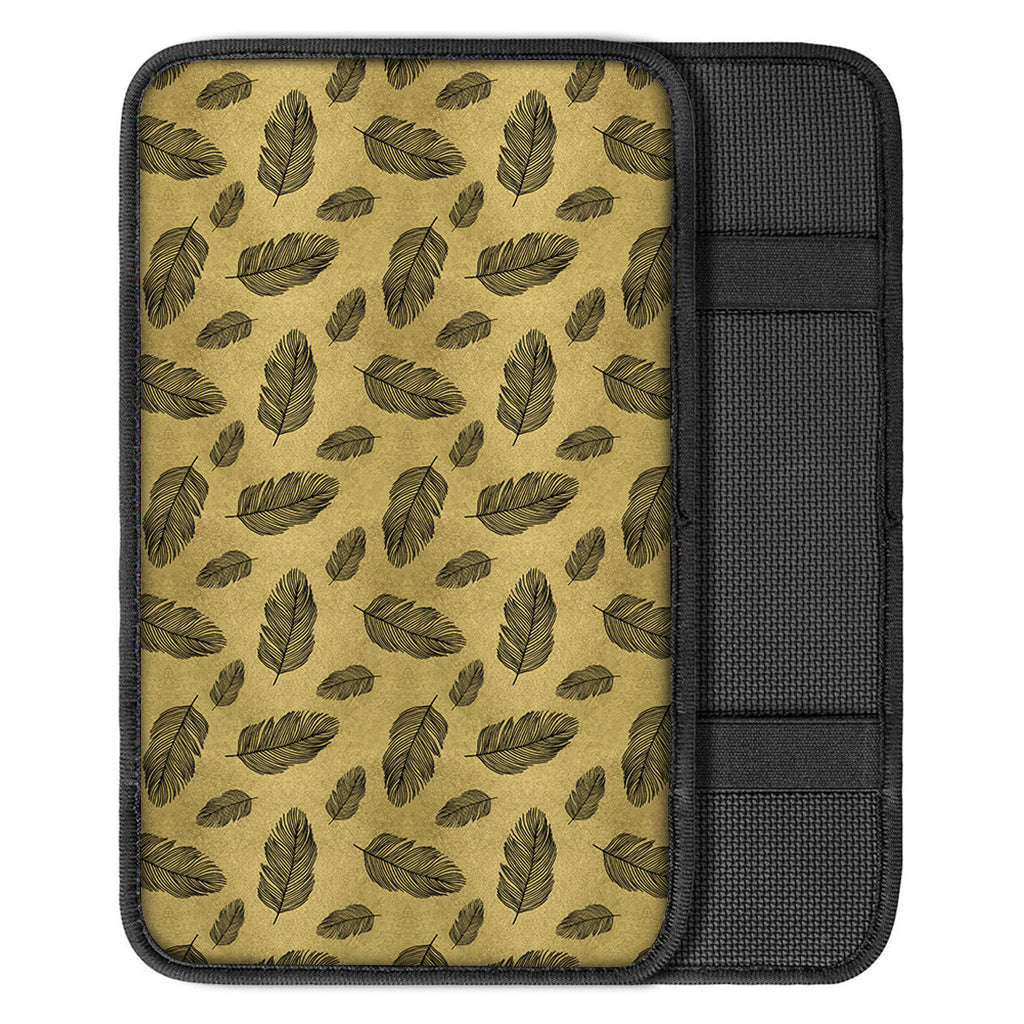 Black And Gold Feather Pattern Print Car Center Console Cover