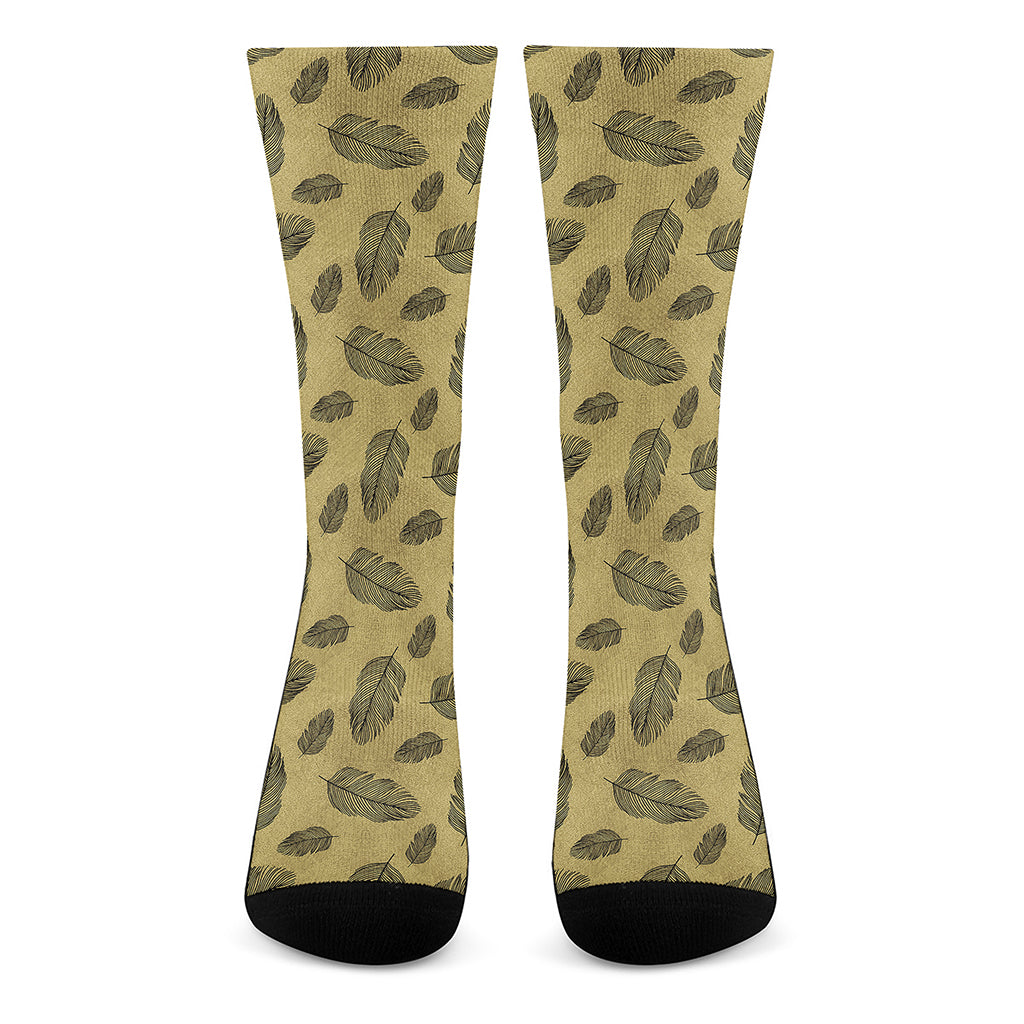 Black And Gold Feather Pattern Print Crew Socks