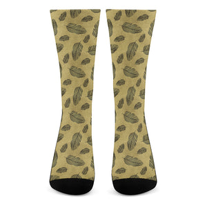 Black And Gold Feather Pattern Print Crew Socks