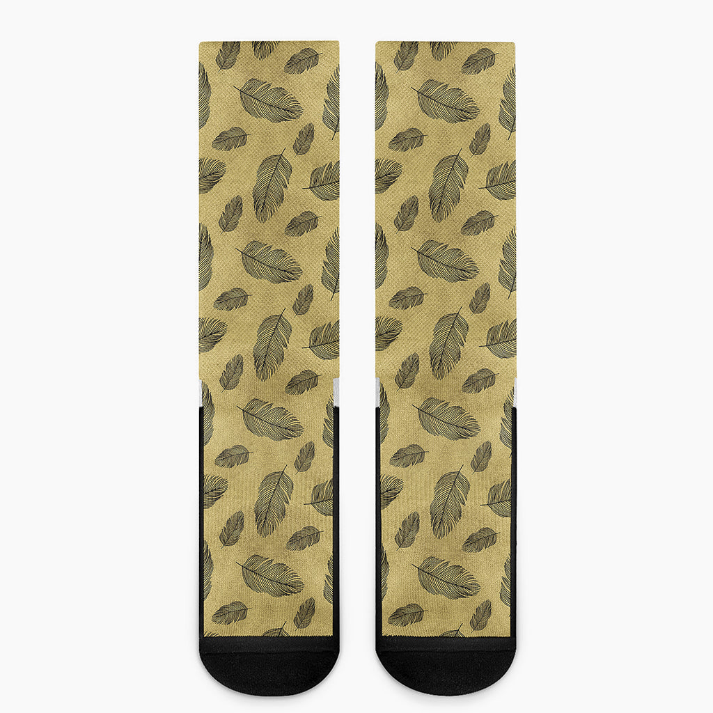 Black And Gold Feather Pattern Print Crew Socks