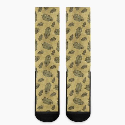 Black And Gold Feather Pattern Print Crew Socks