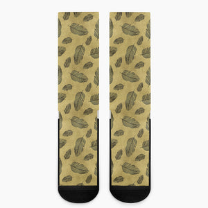 Black And Gold Feather Pattern Print Crew Socks