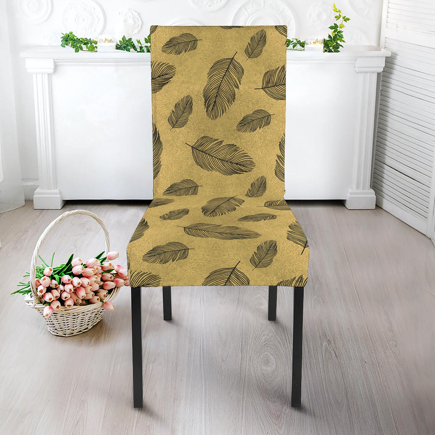 Black And Gold Feather Pattern Print Dining Chair Slipcover