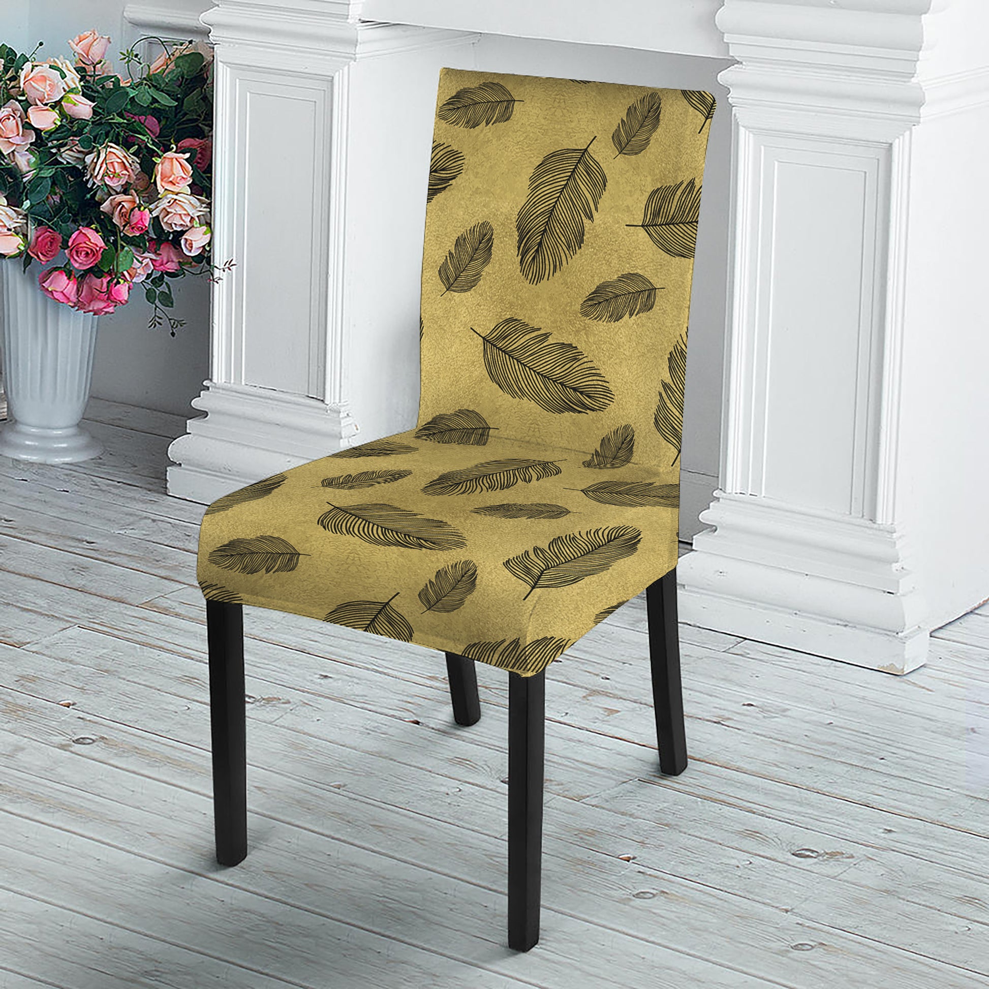 Black And Gold Feather Pattern Print Dining Chair Slipcover