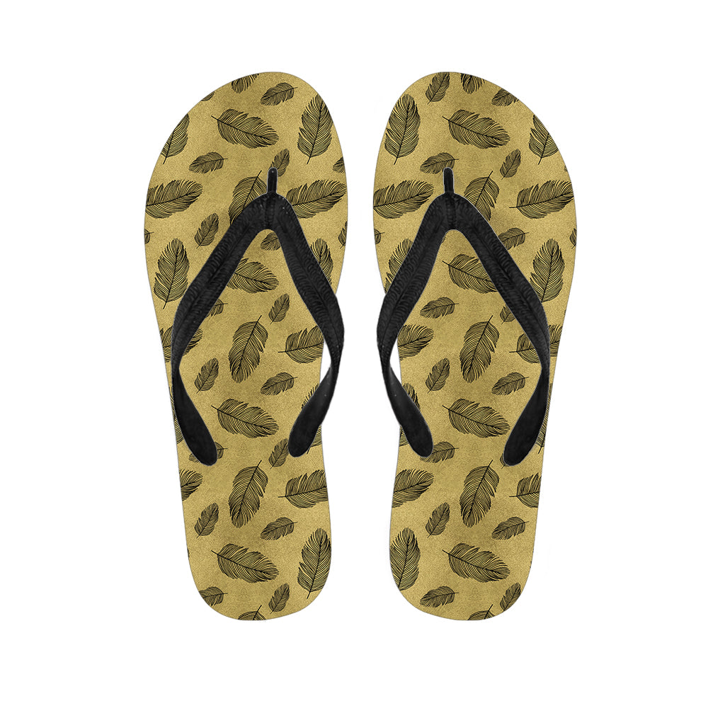 Black And Gold Feather Pattern Print Flip Flops