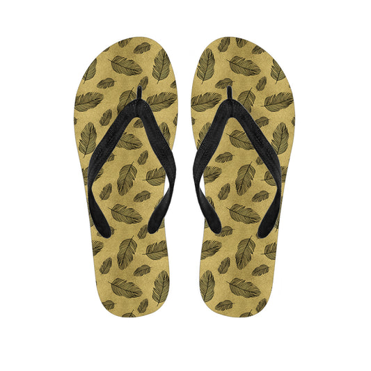 Black And Gold Feather Pattern Print Flip Flops