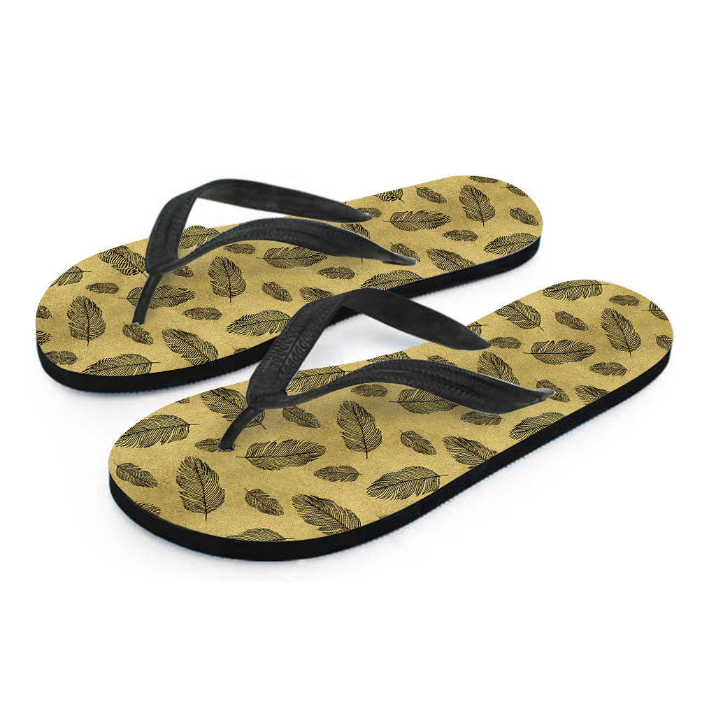 Black And Gold Feather Pattern Print Flip Flops