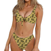 Black And Gold Feather Pattern Print Front Bow Tie Bikini