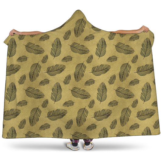 Black And Gold Feather Pattern Print Hooded Blanket