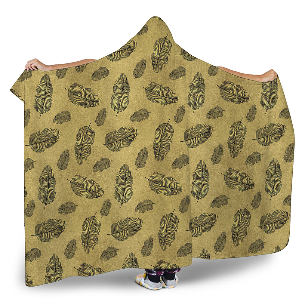 Black And Gold Feather Pattern Print Hooded Blanket