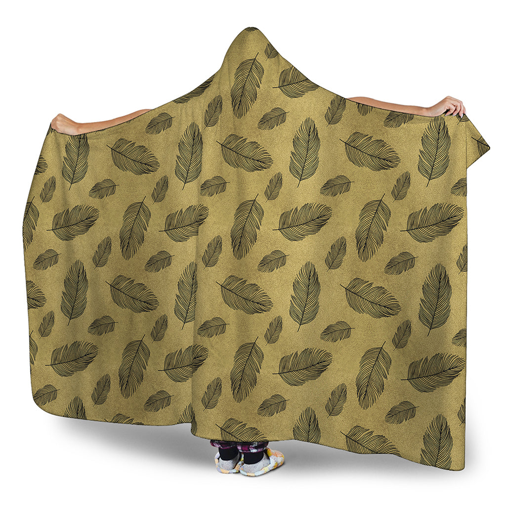 Black And Gold Feather Pattern Print Hooded Blanket