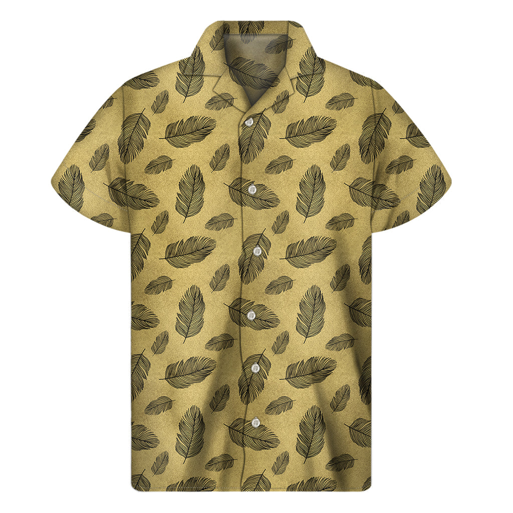 Black And Gold Feather Pattern Print Men's Short Sleeve Shirt