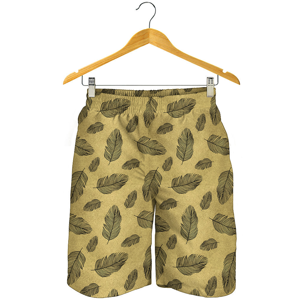 Black And Gold Feather Pattern Print Men's Shorts