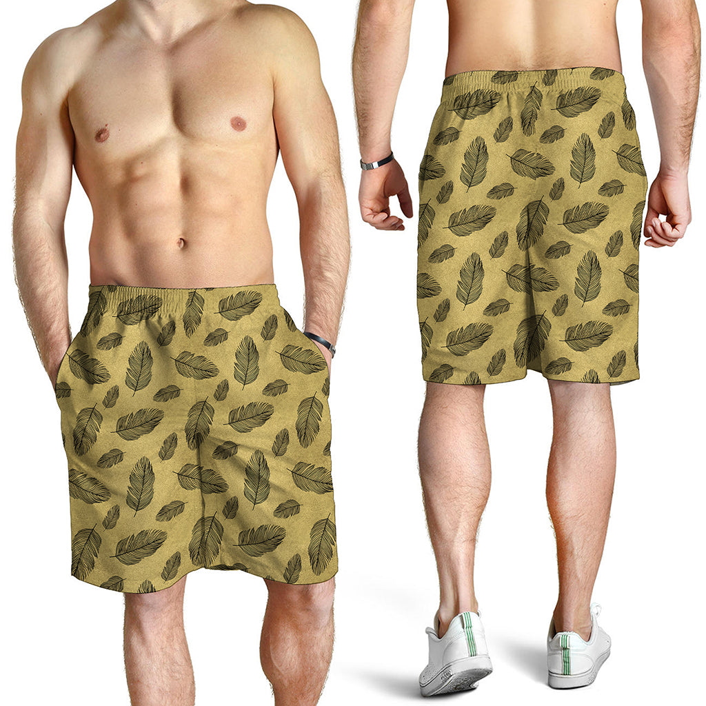 Black And Gold Feather Pattern Print Men's Shorts