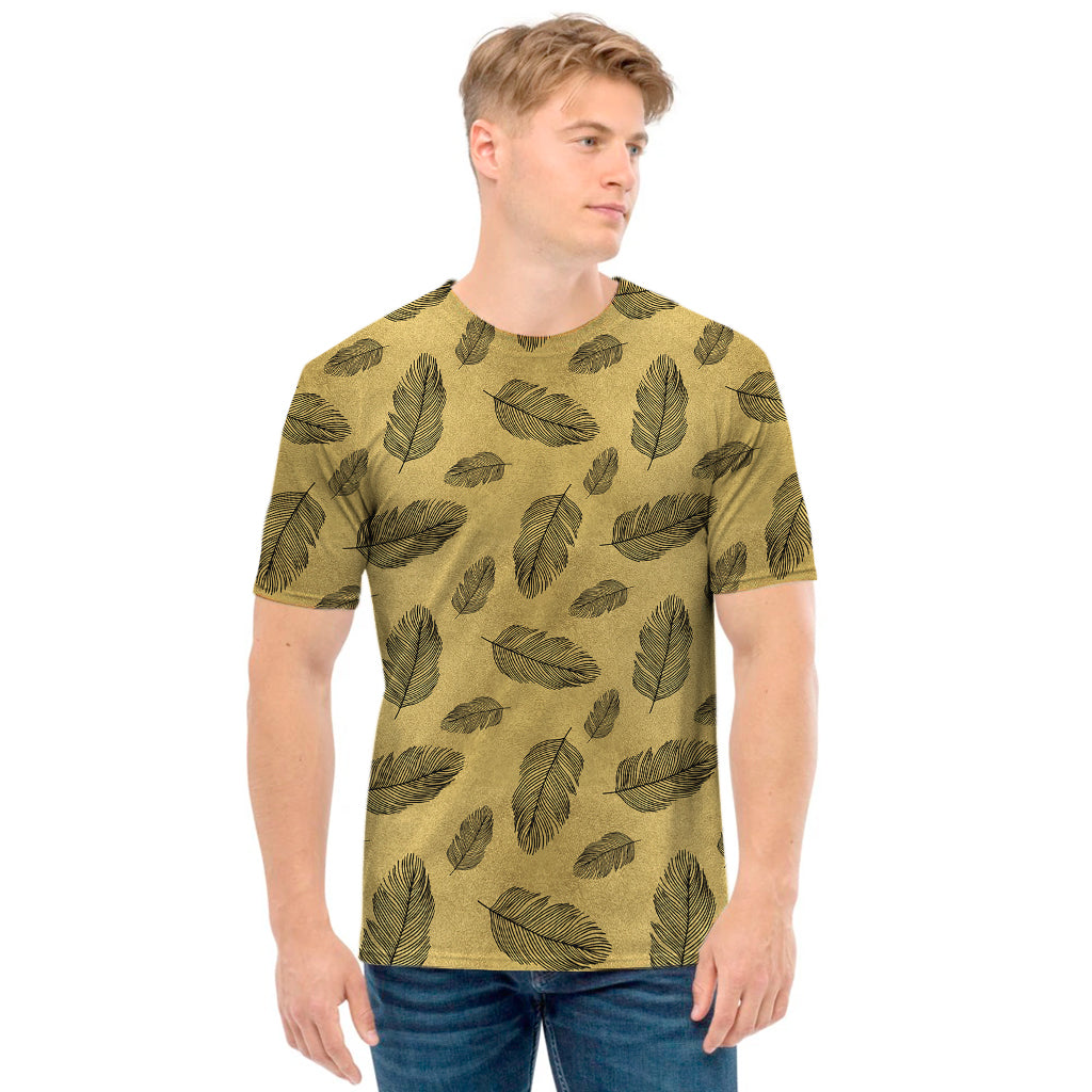 Black And Gold Feather Pattern Print Men's T-Shirt