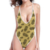 Black And Gold Feather Pattern Print One Piece High Cut Swimsuit