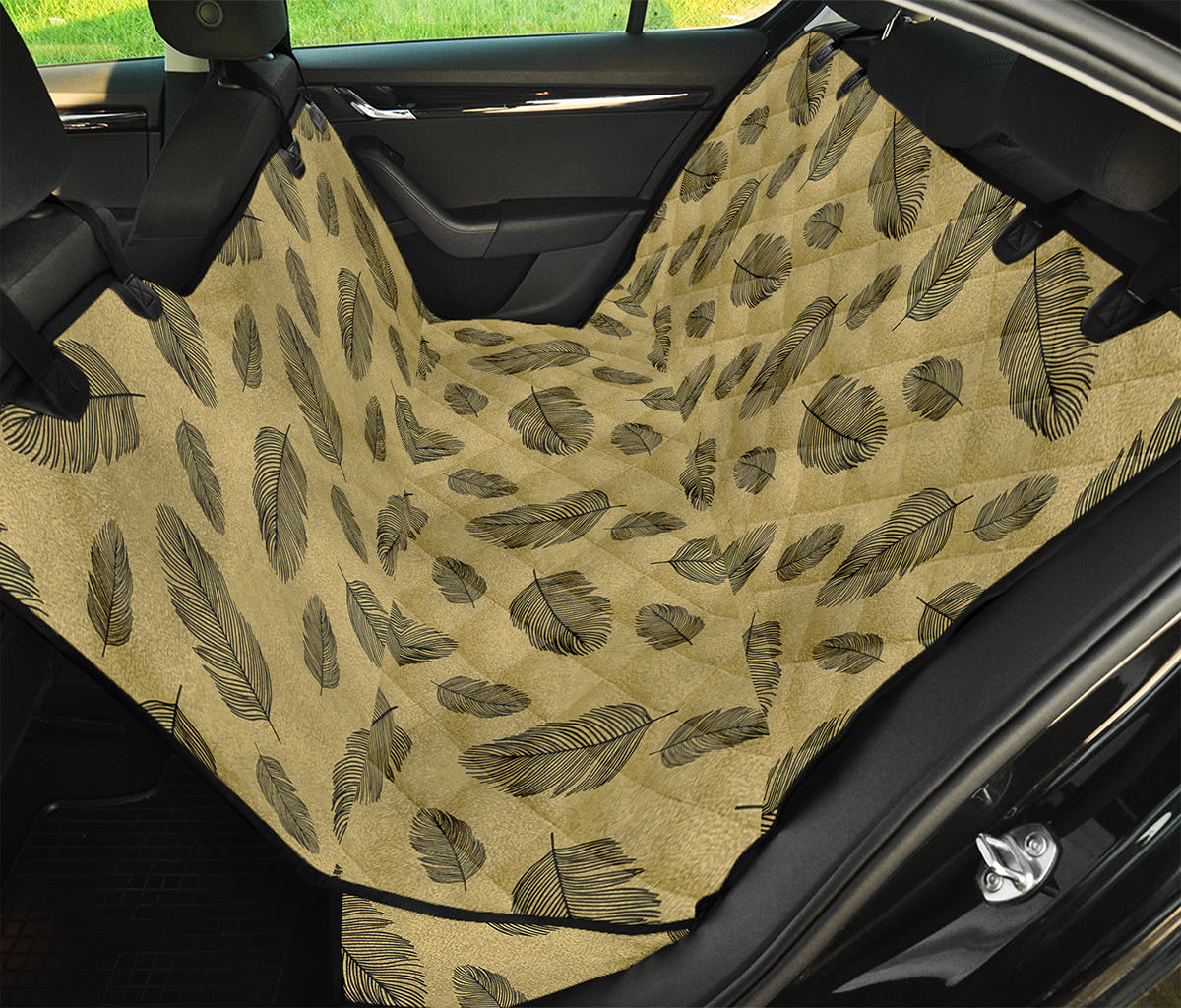 Black And Gold Feather Pattern Print Pet Car Back Seat Cover