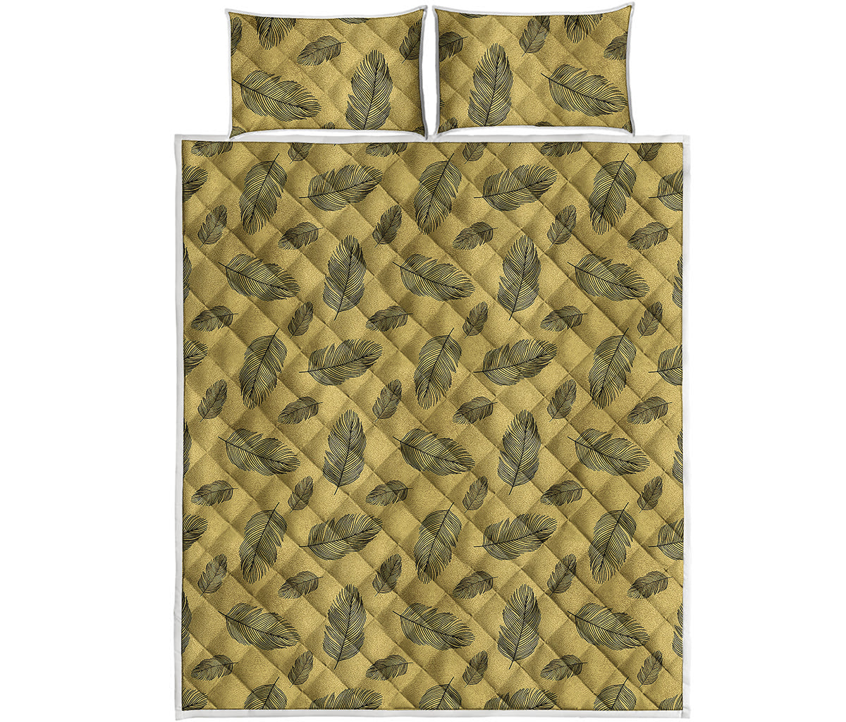 Black And Gold Feather Pattern Print Quilt Bed Set