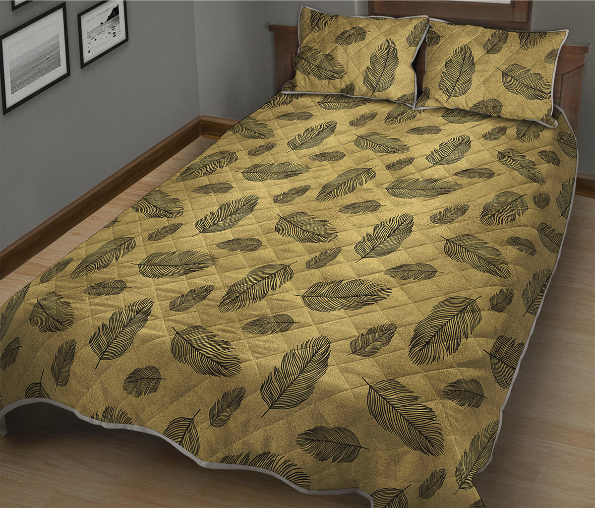 Black And Gold Feather Pattern Print Quilt Bed Set