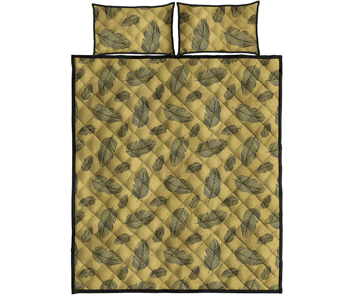 Black And Gold Feather Pattern Print Quilt Bed Set