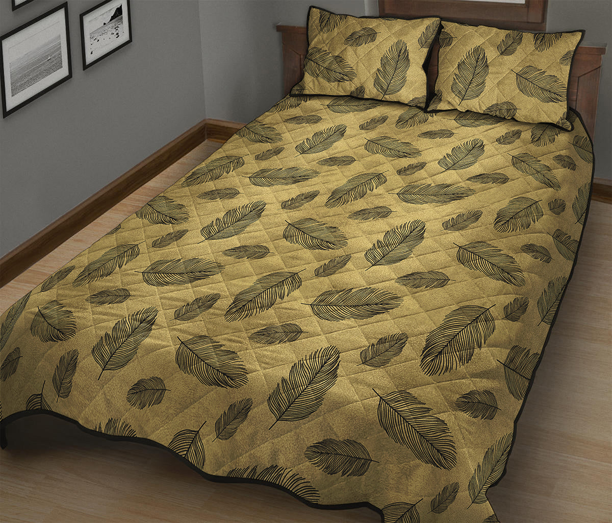 Black And Gold Feather Pattern Print Quilt Bed Set
