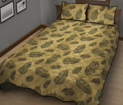 Black And Gold Feather Pattern Print Quilt Bed Set