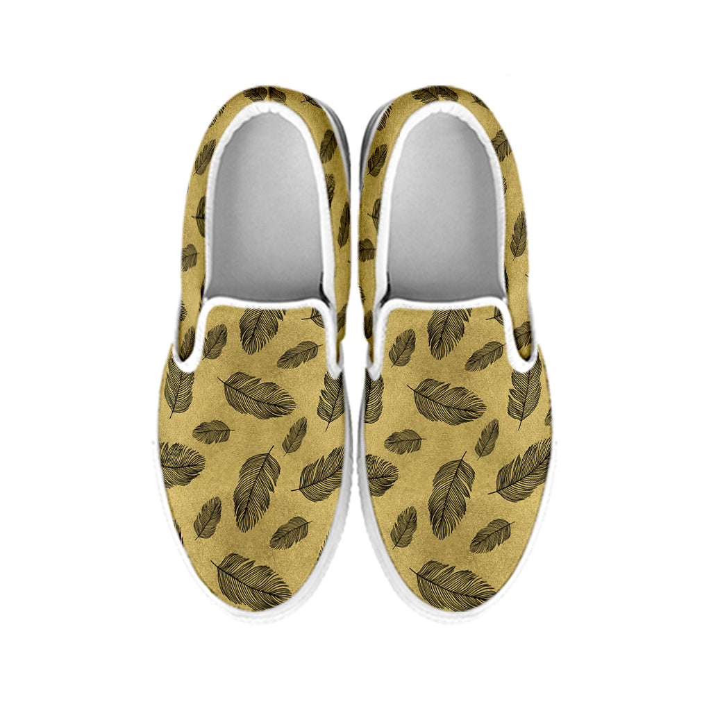 Black And Gold Feather Pattern Print White Slip On Shoes