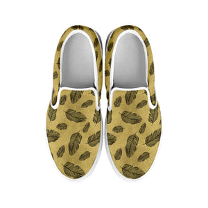 Black And Gold Feather Pattern Print White Slip On Shoes