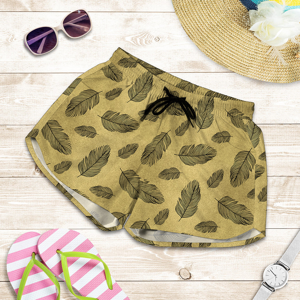 Black And Gold Feather Pattern Print Women's Shorts