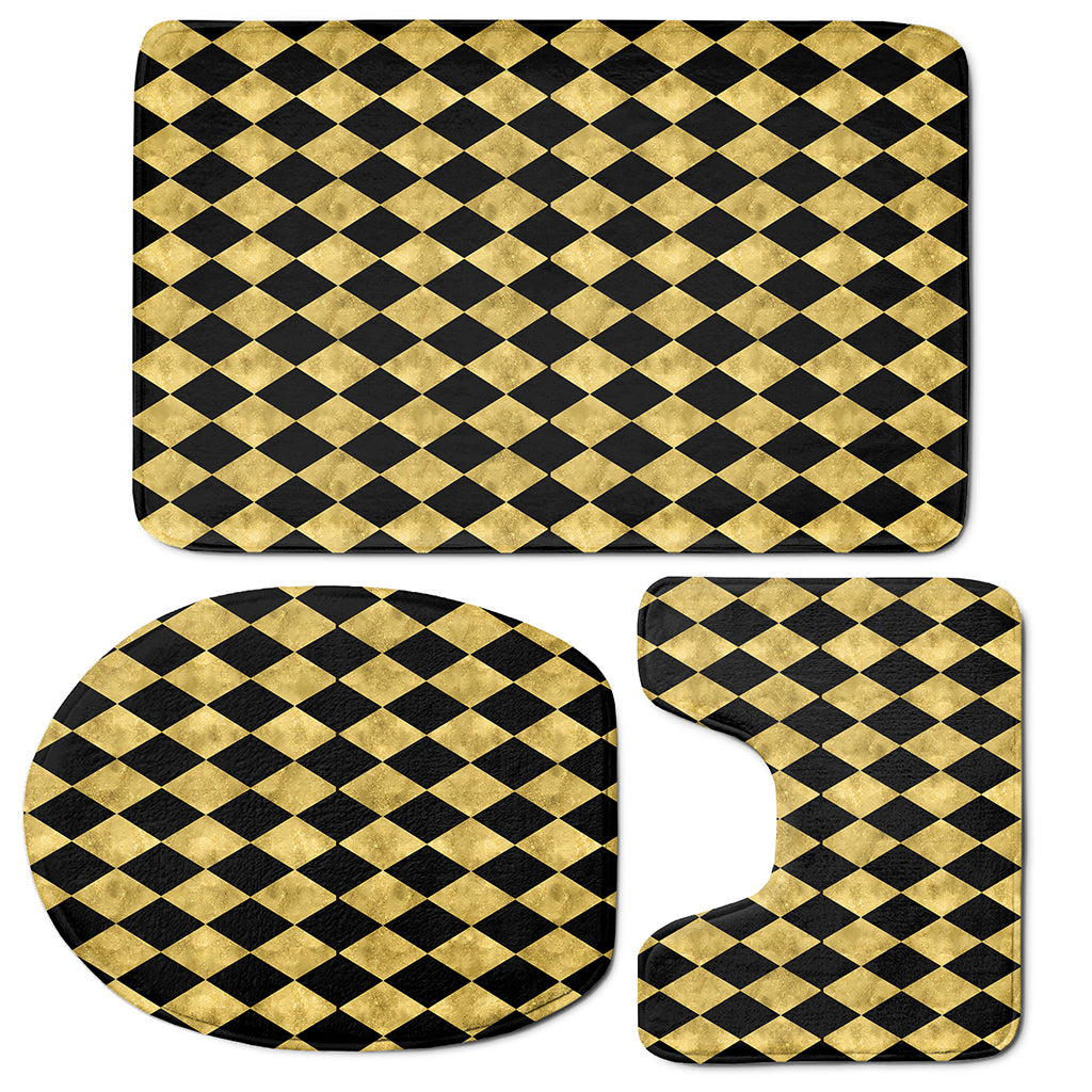 Black And Gold Harlequin Pattern Print 3 Piece Bath Mat Set