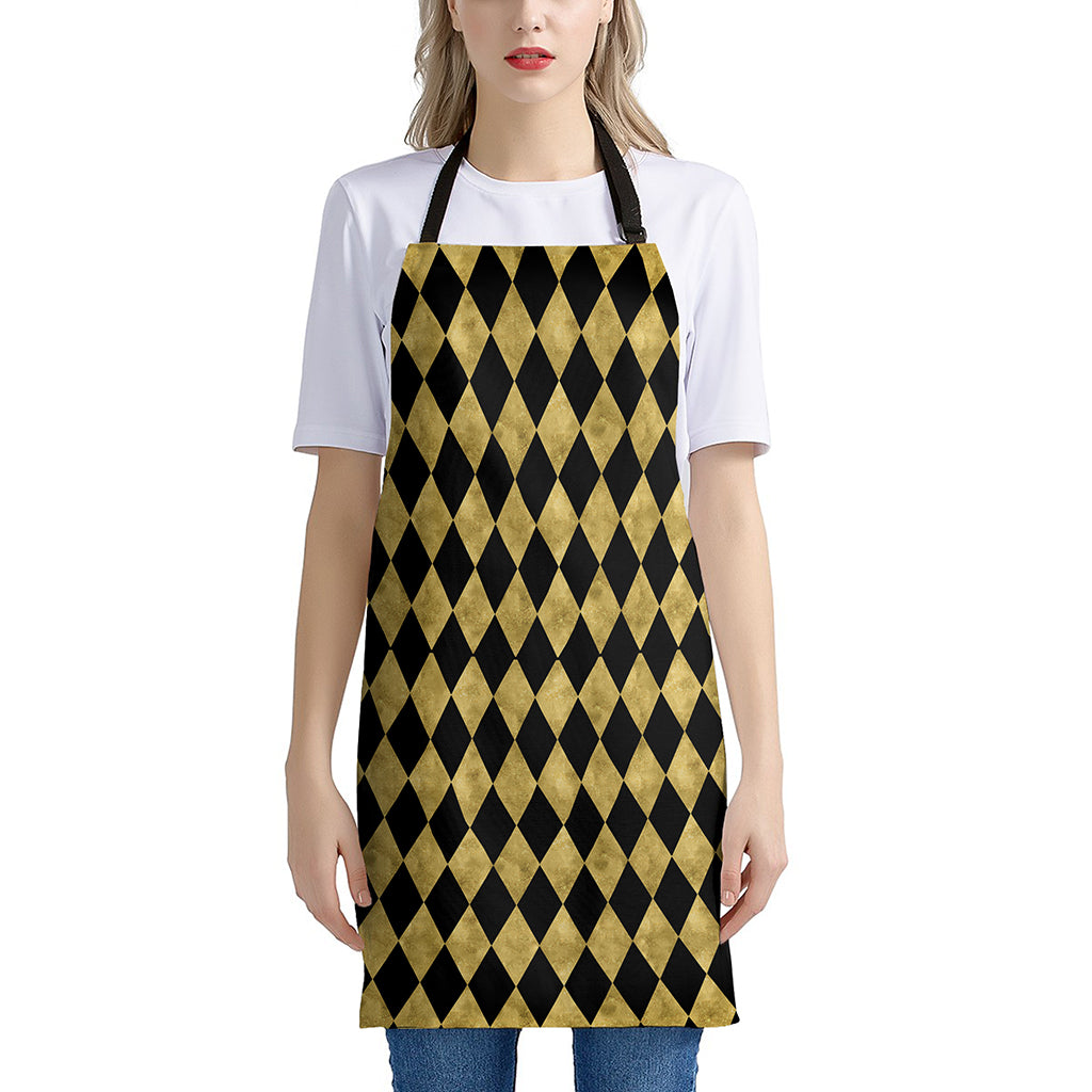 Black And Gold Harlequin Pattern Print Apron