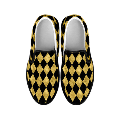 Black And Gold Harlequin Pattern Print Black Slip On Shoes