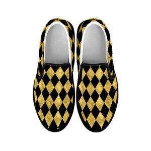 Black And Gold Harlequin Pattern Print Black Slip On Shoes