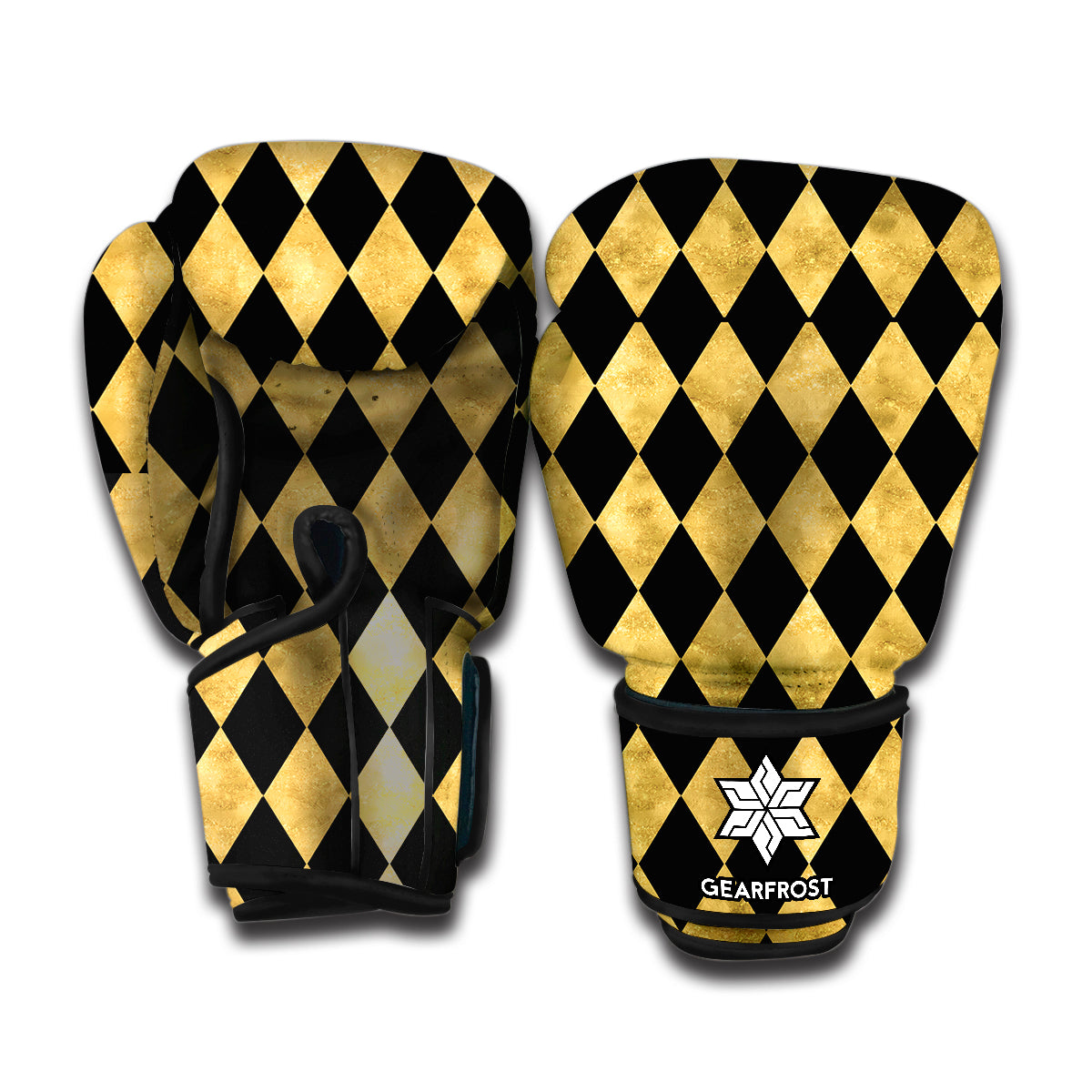 Black And Gold Harlequin Pattern Print Boxing Gloves