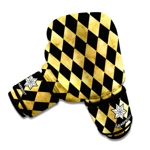 Black And Gold Harlequin Pattern Print Boxing Gloves