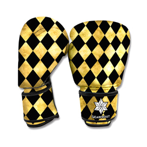 Black And Gold Harlequin Pattern Print Boxing Gloves