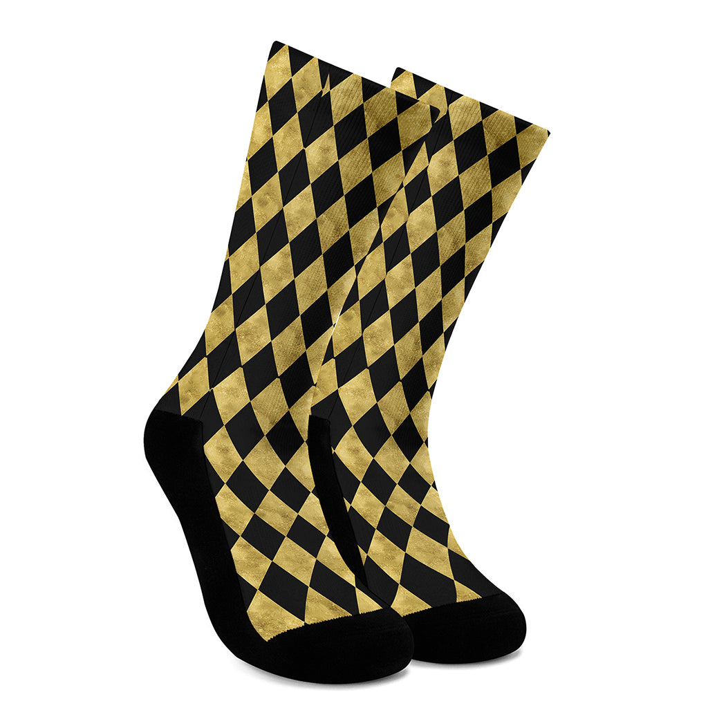 Black And Gold Harlequin Pattern Print Crew Socks
