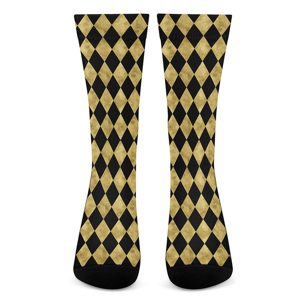 Black And Gold Harlequin Pattern Print Crew Socks