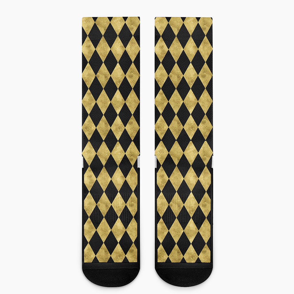 Black And Gold Harlequin Pattern Print Crew Socks