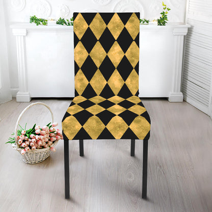 Black And Gold Harlequin Pattern Print Dining Chair Slipcover