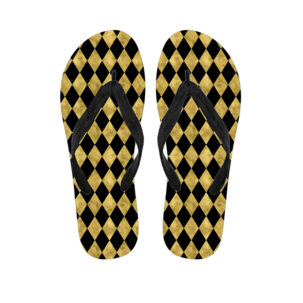 Black And Gold Harlequin Pattern Print Flip Flops