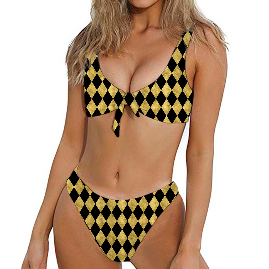 Black And Gold Harlequin Pattern Print Front Bow Tie Bikini