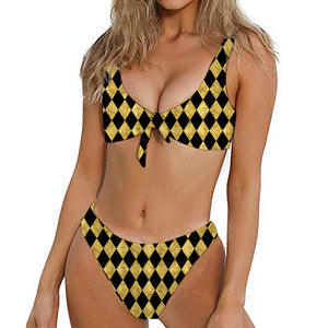 Black And Gold Harlequin Pattern Print Front Bow Tie Bikini