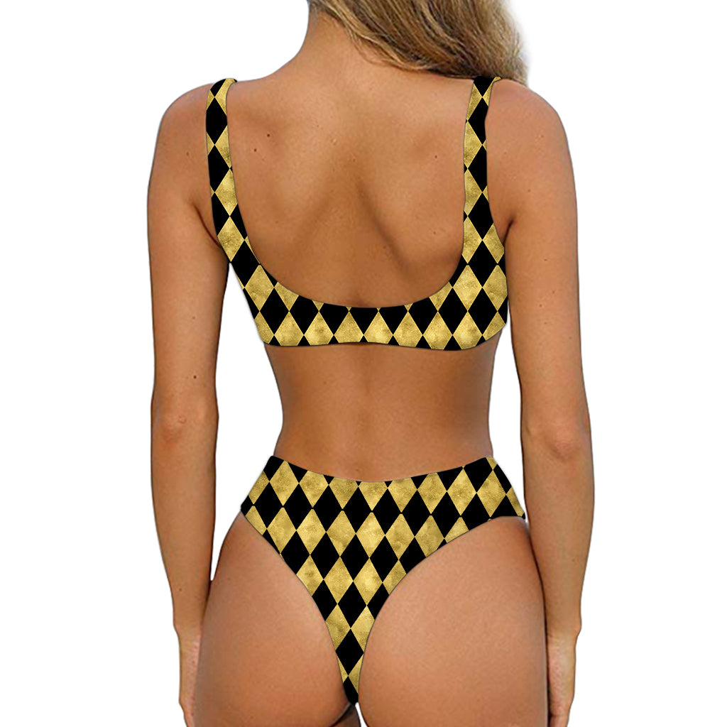 Black And Gold Harlequin Pattern Print Front Bow Tie Bikini