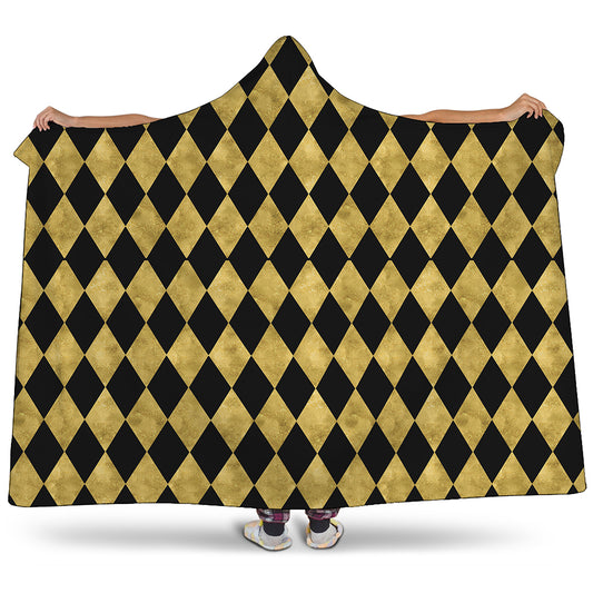 Black And Gold Harlequin Pattern Print Hooded Blanket