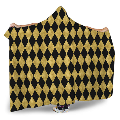Black And Gold Harlequin Pattern Print Hooded Blanket