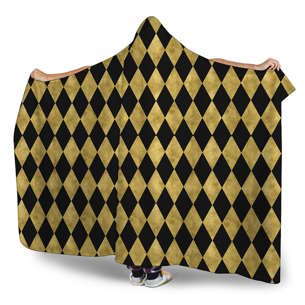 Black And Gold Harlequin Pattern Print Hooded Blanket